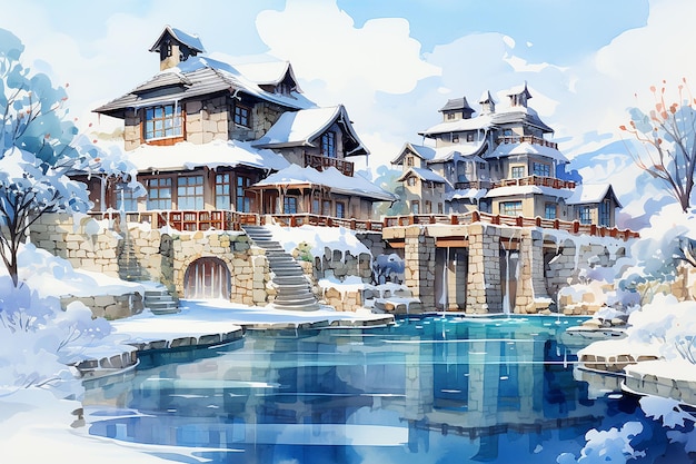 arte acuarela de la vista fría del castillo con el lado del lago azul