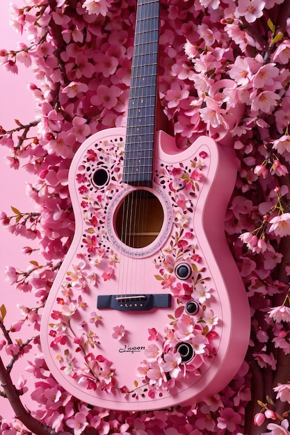 Foto arte acústico de piano en el fondo de las flores de cerezo