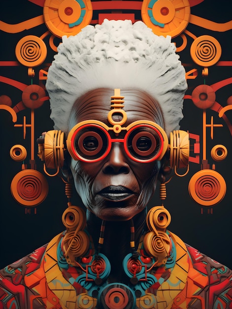 Arte afrofuturista de uma velha mulher africana