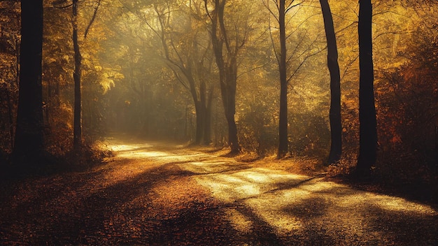 El arte de la AI cae en la carretera, las hojas del bosque, el papel pintado de la luz del sol.