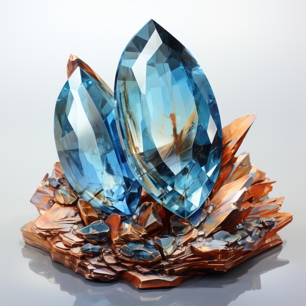 Arte anamórfico realista esculturas graciosas con cristales azules y elementos de cobre