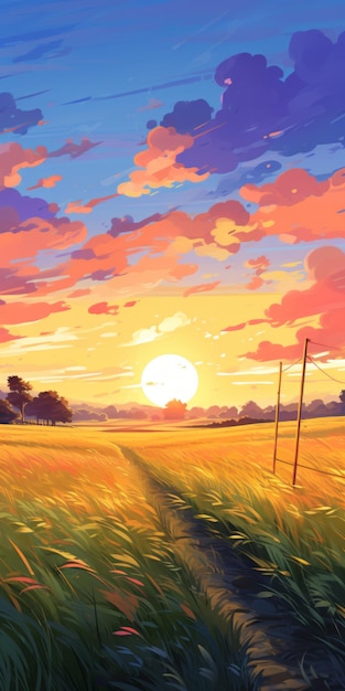 Arte de anime con ilustración de puesta de sol vibrante con colores realistas