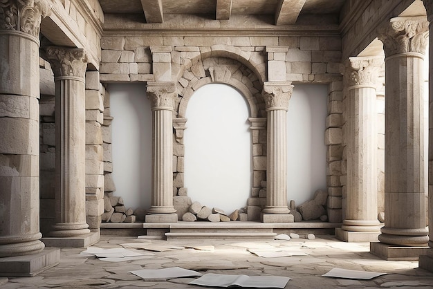 Arte en una antigua ruina inspirada en una maqueta de habitación con espacio blanco en blanco para colocar su diseño