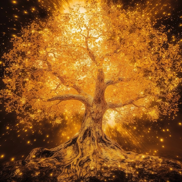 Arte de un árbol dorado con fondo oscuro.