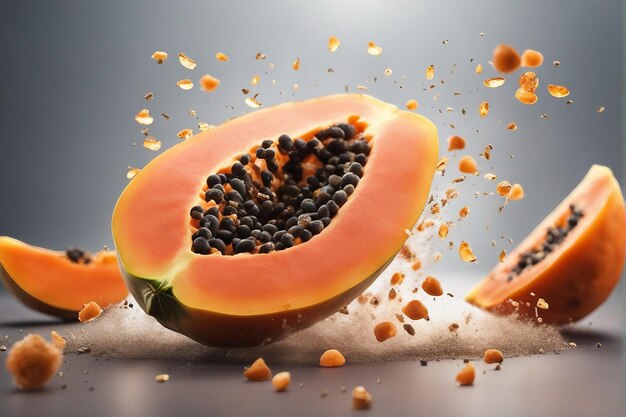 arte de bienvenida de una jugosa fruta de papaya estallando en pedazos