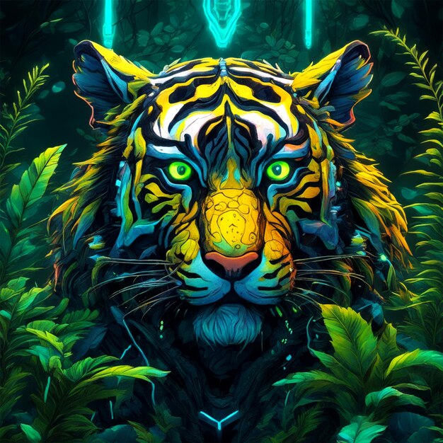 Arte Bioluminescente Tigre Apocalíptico Bonito Pequeno Kawaii Rodeando Vegetação