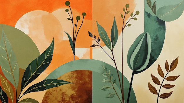 Arte botánico abstracto con formas orgánicas y colores vibrantes