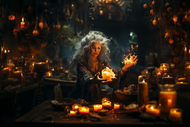 El arte de la brujería hechicera de pelo gris hace un hechizo en el viejo castillo oscuro Hechizos mágicos de Halloween