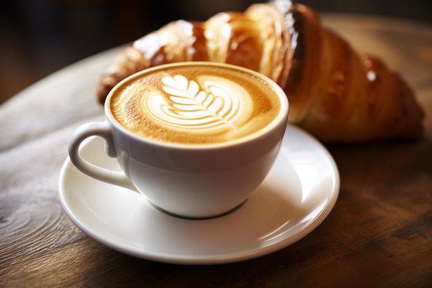 El arte del café con leche matutino y los croissants dorados