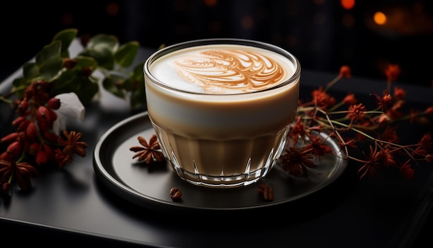 Foto arte del café con leche en un vaso sobre un fondo negro