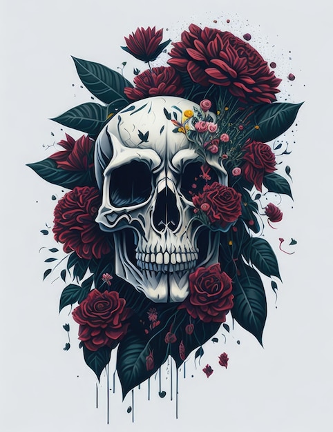 Arte de calavera con varias flores IA generativa