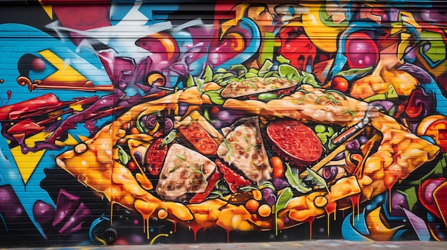 Arte callejero dinámico rebanada de pizza hiperdetallada en medio de vibrantes remolinos de graffiti