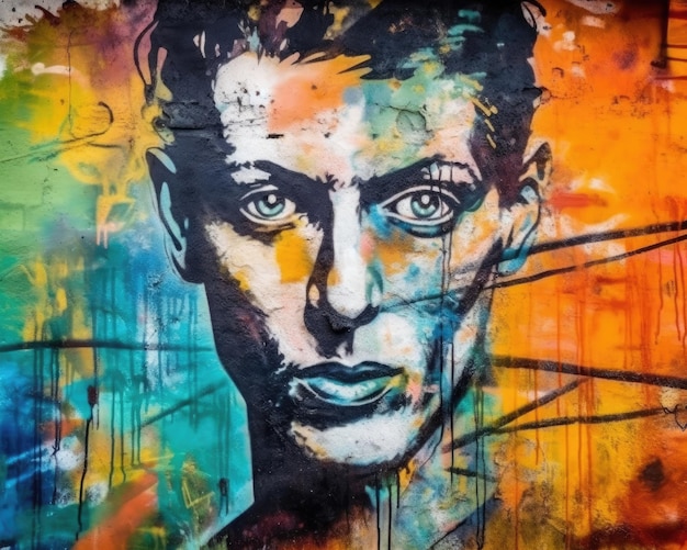 Arte callejero de grafiti colorido y críptico que representa un retrato al fresco IA generativa