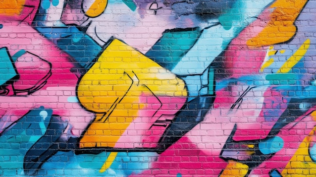 Arte callejero urbano vibrante en una pared de ladrillo que muestra graffitis coloridos con formas abstractas y dinámicas