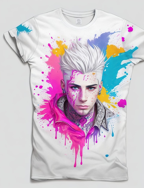 Arte de camiseta de un joven con cabello mohawk blanco con un pendiente y muchos tatuajes