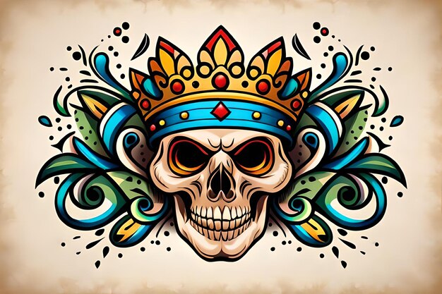 Foto arte de camiseta vectorial listo para imprimir una colorida ilustración de graffiti de una cara de calavera y una corona