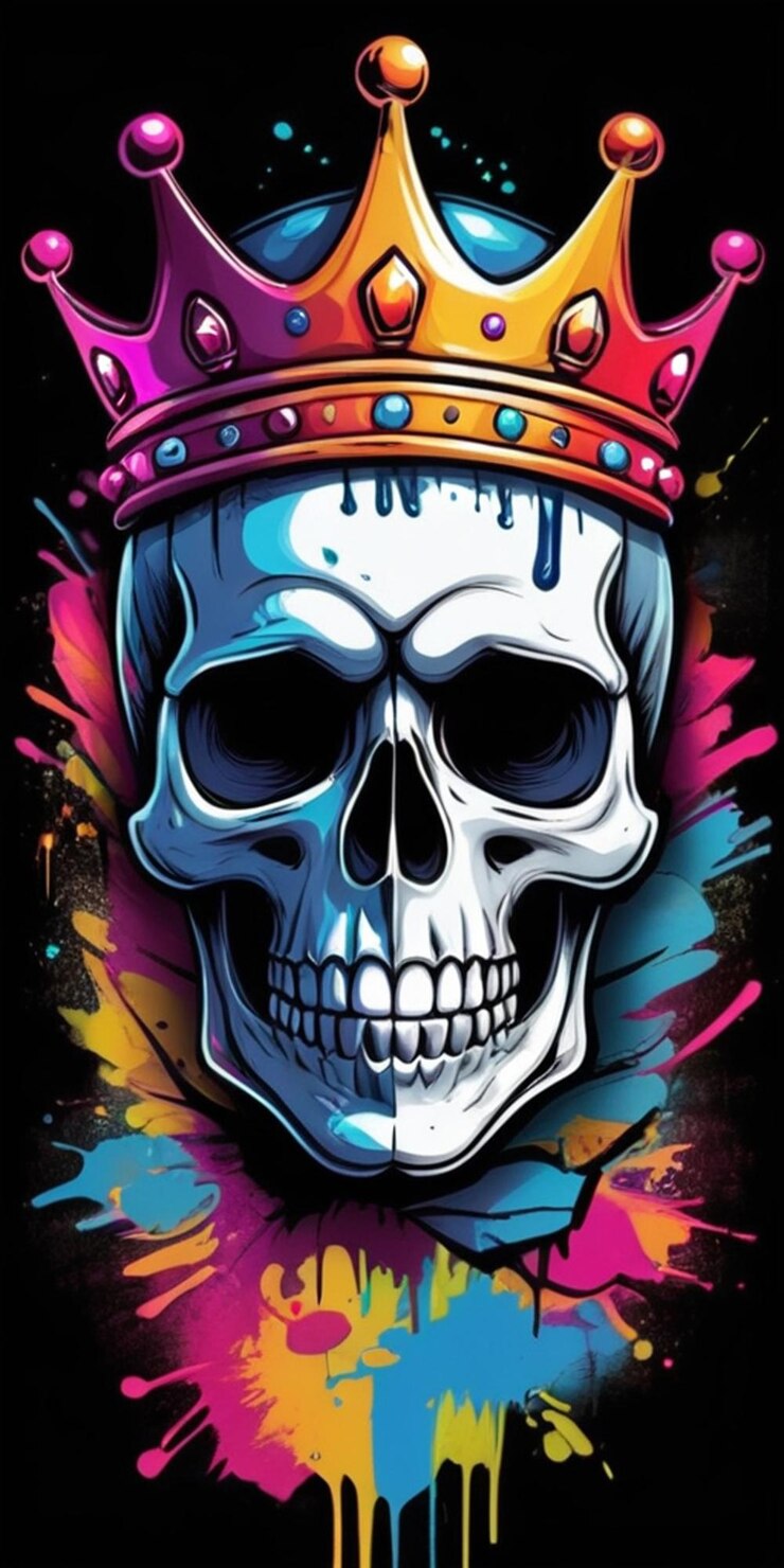Arte de camiseta vectorial listo para imprimir una colorida ilustración de graffiti de UNA CARA DE CALAVERA Y UNA CORONA