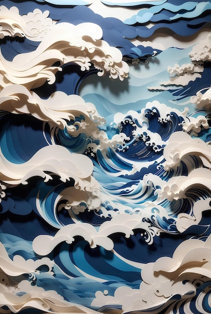 Arte en capas de papel azul y blanco olas gigantes japonesas