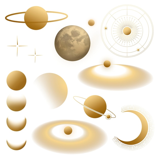 Arte celestial pegatina png oro estética conjunto de ilustraciones de galaxias