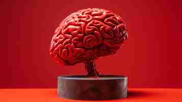 Foto arte cerebral escultura del cerebro humano hecha de plástico rojo en la exposición de arte contemporáneo