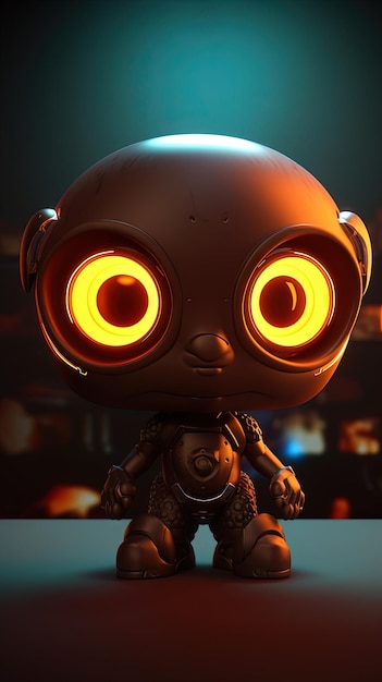 Arte chibi em estilo 3D de um pequeno robô com olhos brilhantes amarelos, estatueta de brinquedo de cabeça grande