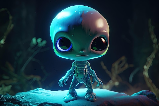 Arte chibi luz brilhante estilo nft Fantasia criatura alienígena no escuro ilustração 3D Fantasia