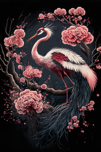 Arte chinesa e japonesa Flores de cerejeira Sakura e guindastes Fundo de estilo oriental de luxo Generatrd AI
