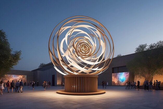 Foto arte cinética movida a vento em um espaço ao ar livre com iluminação responsiva e efeitos sonoros para uma maquete de experiência ao ar livre imersiva