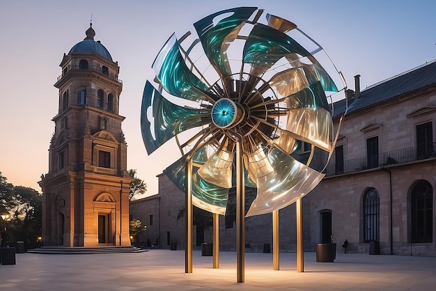 Arte cinético impulsado por el viento en un espacio al aire libre con iluminación y efectos de sonido responsivos