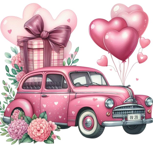 Arte de clip de acuarela de un coche vintage rosa con un gran regalo y globos de corazón