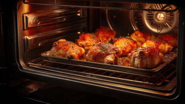 Foto el arte de cocinar como pollo frito dorado chisporrotea en el horno llenando la cocina con aromas salados