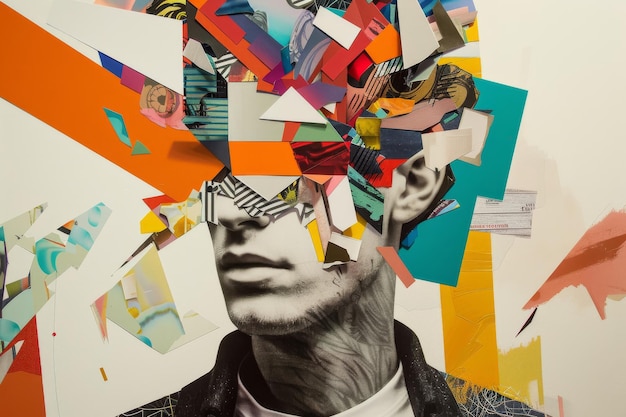 Foto arte de collage y cara masculina creativa hecha de papel para revista de positividad o publicidad