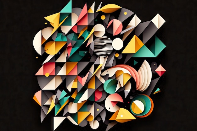 Arte de collage de chatarra de papel de patrón geométrico abstracto sobre fondo negro creado con ai generativo