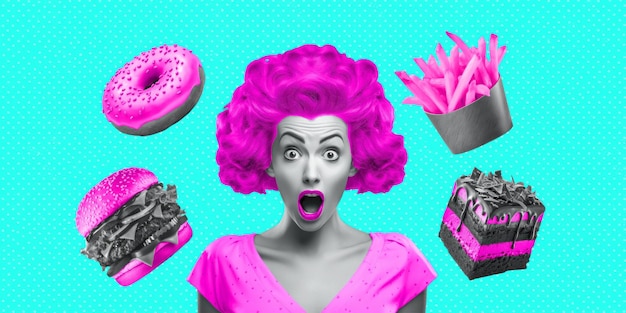 Arte de collage contemporáneo Mujer y problema de calorías Dieta concepto de comida rápida