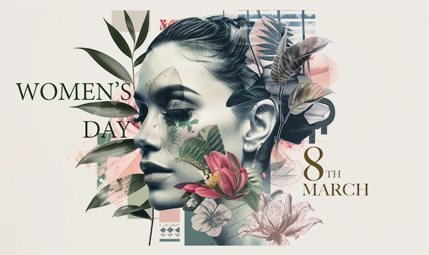 Arte de collage de hojas de plantas florales femeninas y pintura de pincel arte conceptual para el día de la mujer Ilustración del día internacional de la mujer