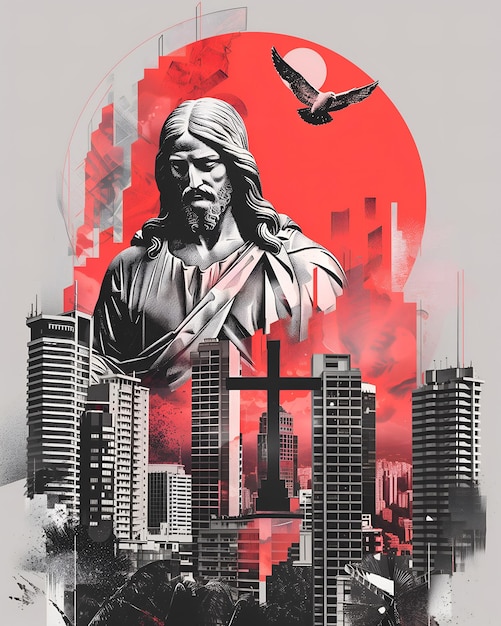 Arte de collage retro de Jesucristo cruz cristiana una paloma voladora y el paisaje urbano