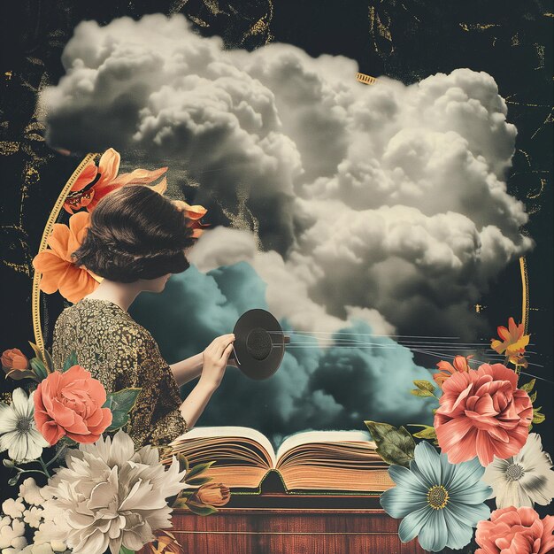 arte de collage vintage de libro nube floral música y mujer