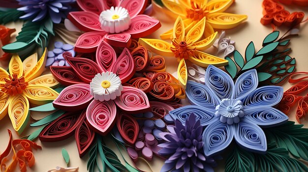 Foto arte colorida de quilling de papel formando um intrincado padrão floral em um fundo escuro