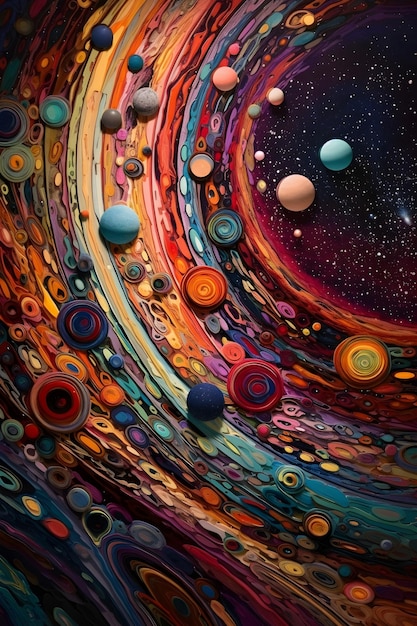 Un arte colorido con círculos y planetas.