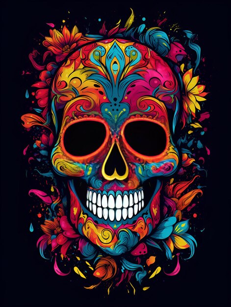 Arte colorido del cráneo con diseño floral.