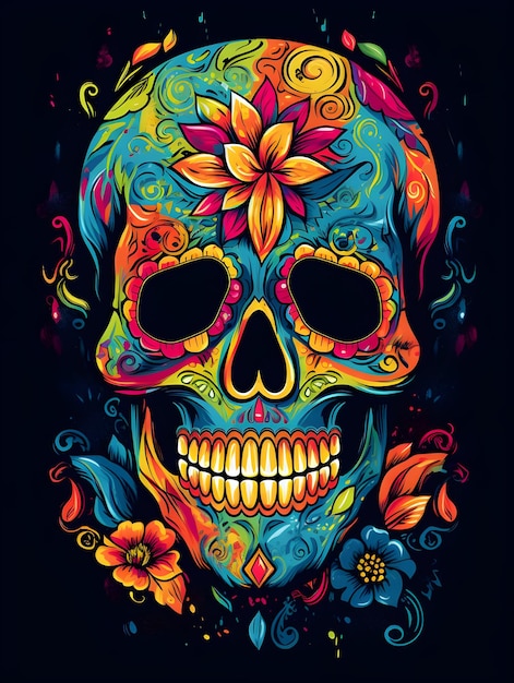 Arte colorido del cráneo con diseño de flores arte del diseño de la camiseta del cráneo