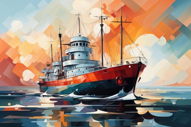 Arte colorido digital moderno abstracto hecho con barcos modernos y formas geométricas