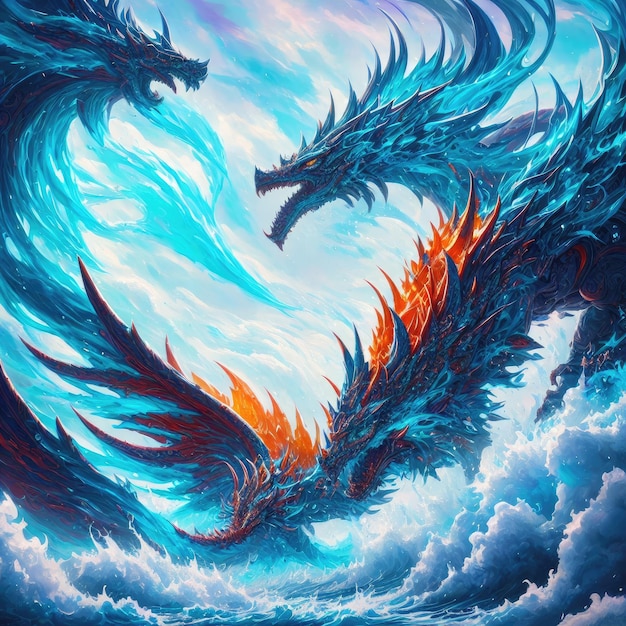 Arte com dragões no mar com ondas Generative AI