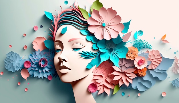 Arte com papel mulher feliz com flores Especiais do dia da mulher Generative Ai