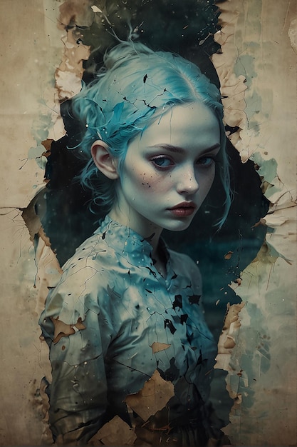 Arte complexa de dupla exposição de Alex Stoddard Natalia Drepina e Brooke Shaden cartão postal surrealista em um papel rachado