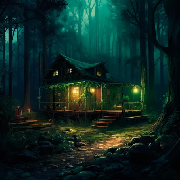 Arte conceitual da casa da floresta com luzes verdes e estética escura