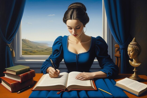 arte conceitual de uma mulher sentada em uma mesa escrevendo em uma pintura de ilustração de livro no estilo de Rafal Olbinski