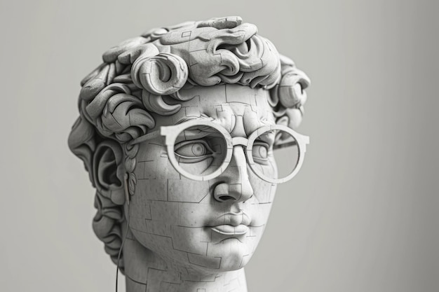 Arte conceitual mínima criativa de estátua de gesso isolada com óculos de pixel