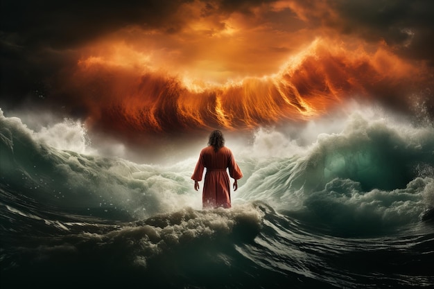 Arte conceptual bíblico Jesús caminando sobre el agua a través de un mar tormentoso en medio de condiciones tormentosas