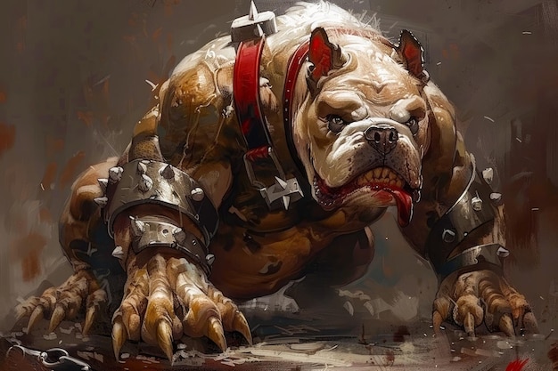 Arte conceptual de bulldog cibernético feroz con armadura futurista y postura amenazante en una batalla